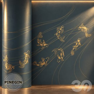 3D модель Панно Lines PINEGIN фреска обои «Карпы кои» линии поталь фон Ncs артикул PL038 для категории Текстуры / Стены, обои
