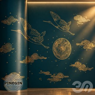 3D модель Панно Lines PINEGIN фреска обои «Журавли и луна» линии поталь фон Ncs артикул PL061 для категории Текстуры / Стены.