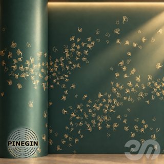 3D модель Панно Lines PINEGIN фреска обои «Шлейф листья гинкго на ветру» линии поталь фон Ncs артикул PL099 для категории.