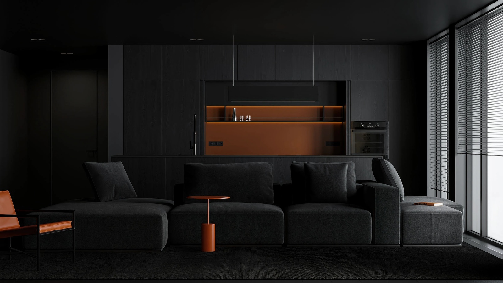 Dark Modern Living and Kitchen - работа галереи 3dmetria в категории Дизайн интерьера